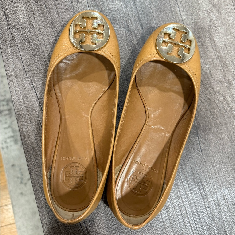 Tory Burch Tan Flats with Gold Logo Medallion